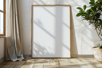 Poster frame mockup on wooden floor created with Generative AI