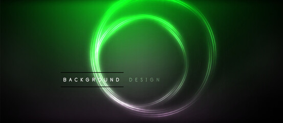 Neon glowing circle rays, light round lines in the dark, planet style neon wave lines. Energetic electric concept design for wallpaper, banner, background