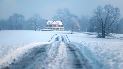 Defocused Snowy Road Leading to a Secluded Farmhouse in the Wintry Virginia Landscape