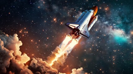 Obraz premium A realistic photo of a space shuttle launching with fiery boosters, night sky filled with stars, detailed and dramatic