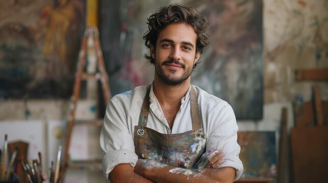 Confident young male artist in a paint-splattered apron standing in a colorful art studio
- Powered by Adobe