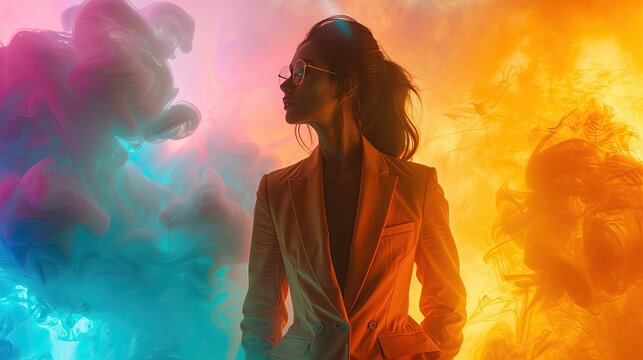 Fashionable Woman in Sunglasses Amidst Colorful Smoke Effects - Modern and Trendy Stock Photo