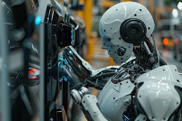 Fototapeta premium High-Tech Robot Working on Machinery in Advanced Industrial Facility