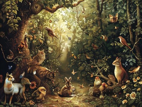 The image shows a group of woodland animals gathered in a clearing in the forest