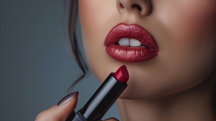 Close-up shot of a woman's lips with bold, red lipstick being applied, capturing beauty, elegance, and makeup artistry.