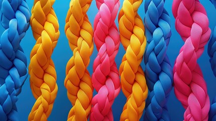 Vivid Colorful Braided Textures on Blue Background - Rainbow Fabric Patterns, Bright Textile Design