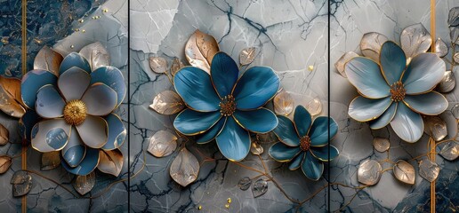 3d floral marble background with gray and blue flowers, three vertical panels for home interior decoration