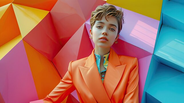 Vibrant Fashion Portrait of Trendy Young Woman Against Geometric Colorful Background