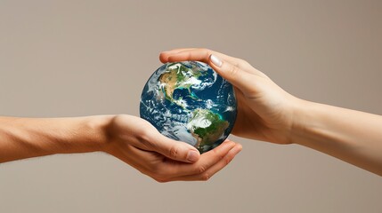 Two hands holding a miniature Earth, symbolizing global connection, unity, and environmental responsibility.