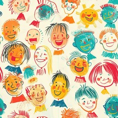A playful sketch of a group of joyful people, their faces radiating joy with big smiles and bright eyes, drawn in the colorful and carefree manner of a young child's art. Minimal pattern banner