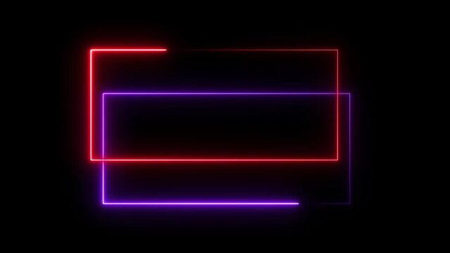Animated neon glowing rectangle frame background and seamless loop border. Futuristic light effect isolated on black background.