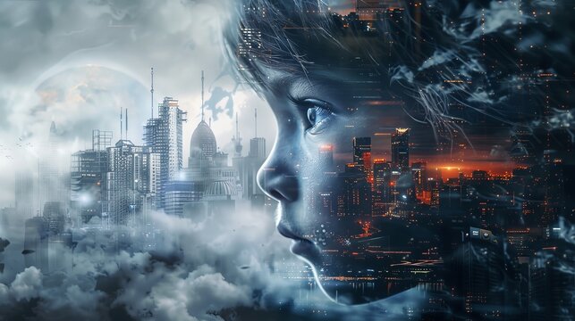 A child face blended with a futuristic cityscape depicting the hopes and dreams for future generations in a growing world