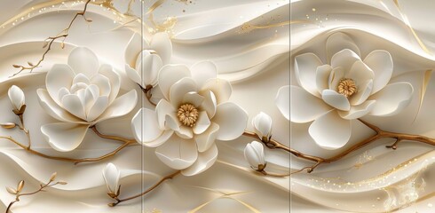 3d floral wallpaper with white flowers and golden elements, white magnolia flower, beige background