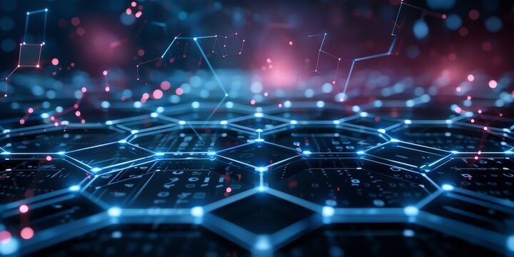 isolated hexagon hollogram platform, chemistry, UI, high tech,aspect ratio 2:1, banner, landing page, website background