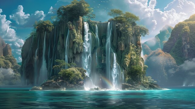 A remote island has waterfalls that flow upward into the sky, creating a breathtaking and magical spectacle.