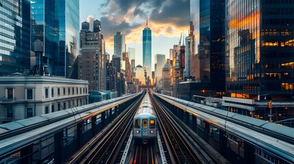 Obraz premium Striking Juxtaposition of Towering Skyscrapers and Bustling Subway in Dynamic Urban Landscape