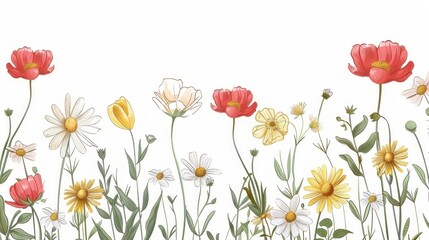 A delicate and whimsical illustration of a flower with daisies and poppies, wallpaper, card, copy space