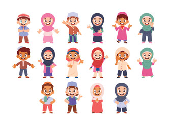 Set of Cute Little Muslim Boy Girl Kid Children with Various Different Poses. Muslim kid greeting salam for ramadan or eid al fitr mubarak character avatar. Isolated Element Objects. 