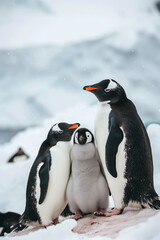 Obraz premium Three penguins standing on a snowy rock