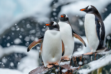 Three penguins standing on a rock in the snow