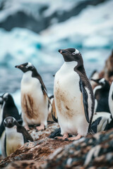 Fototapeta premium A group of penguins are standing on a rocky shore