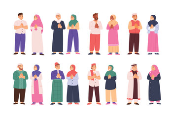 Set of islamic muslim people set collection, Set of arabic man and woman in hijab vector flat illustration with traditional outfit, diverse cartoon islam character cartoon vector illustration.