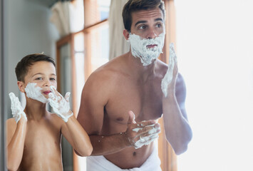 Bathroom, teaching and dad shaving with kid for hygiene, grooming and health routine. Bonding,...