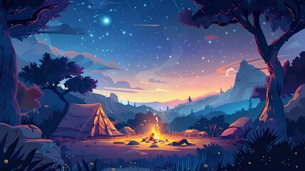 A cartoon scene of a family gathered around a campfire in a national forest reserve, with tents and a starry night sky, enjoying their holiday trip.