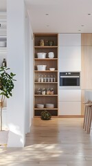 Fototapeta premium Minimalist and Bright Scandinavian-Style Kitchen Design with Modern Appliances and Wood Shelving
