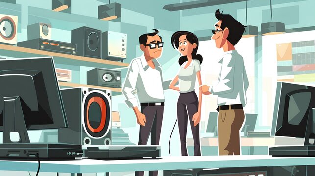 A cartoon couple in a high-end electronics store, enthusiastically inspecting a large, modern home entertainment system with a store clerk assisting them.