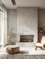 Fototapeta premium Minimalist and Cozy Living Room with Fireplace and Textured Walls