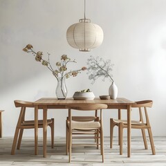 Minimalist and Elegant Dining Room with Wooden Furniture and Decorative Accents