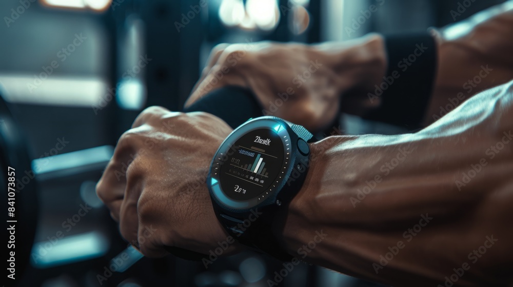 Poster a mans arm wearing a smartwatch with a digital display while working out.