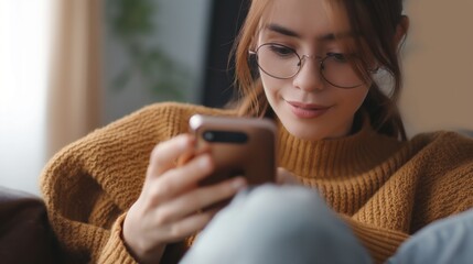 Fototapeta premium Cropped shot of an young woman using smart phone at home. Smiling woman using smartphone at home, messaging or browsing social networks while relaxing on couch