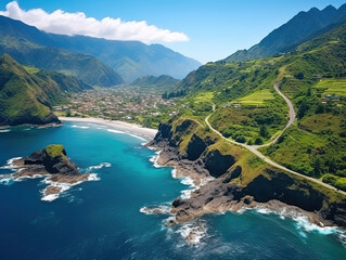 Superb Beautiful aerial shot of the coast of the sea with green leaves and cloudy amazing sky