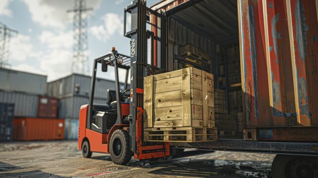 Freight forwarding industry. Heavy equipment forklift unloads pallets goods in a warehouse.