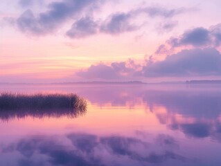 A beautiful sunset over a lake, casting a pink and purple glow on the water.