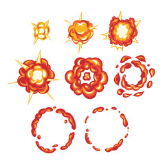 Animation of the cartoon explosion effect with smoke, broken into separate frames, Explosion process isolated cartoon set icon on white background, Animation Sprite sheet for games, cartoon.