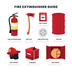 Firefighter emergency equipment set collection with fire extinguisher, fire axe, fire detector, alarm, water, helmet, sandbox and fire shield. firefighter equipment for protection from flame spread.