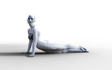 3d illustration of A woman cyborg pose on white background.