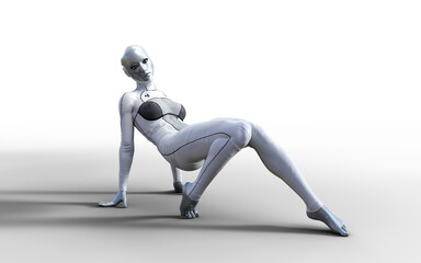 3d illustration of A woman cyborg pose on white background.