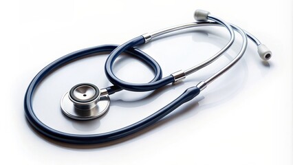 High-quality stethoscope lying on a clean, isolated white background, with a top view perspective, offering ample space for text overlay or graphic design elements.