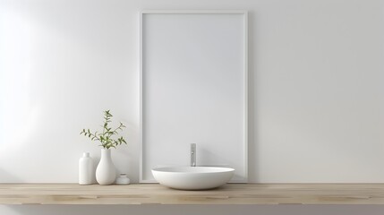 Minimalist Home Decor with Wooden Table,Vase,and Potted Plant in Bright White Room