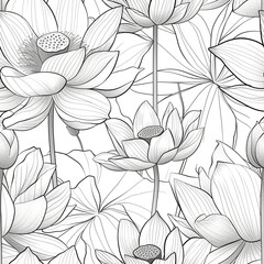 A drawing of a lotus flower in line art, with its large, overlapping petals and central pod, emphasizing the flowerâ€™s serene beauty. Minimal pattern banner wallpaper, simple background, Seamless,