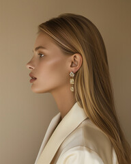 jewelry lookbook, side profile caucasian model with long blonde hair, her shoulders are relaxed, her ears are adorned with eye-catching earrings, cream background.