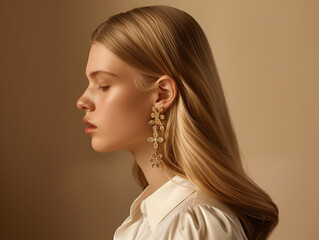 jewelry lookbook, side profile caucasian model with long blonde hair, her shoulders are relaxed, her ears are adorned with eye-catching earrings, cream background.