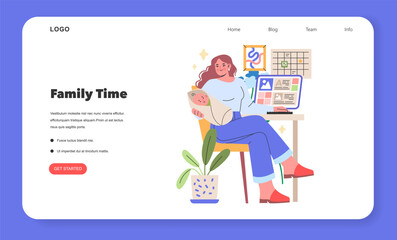 Family Time illustration Multitasking parent combines work with childcare, portraying the integration of professional and family life at a home office Vector illustration