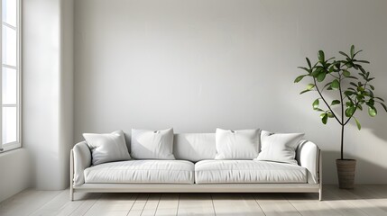 Fototapeta premium Minimalist Living Room with Cozy Sofa and Houseplant by Bright Window