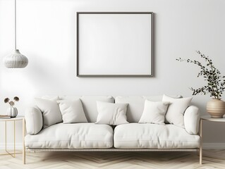 Minimalist Living Room With Plush Sofa,Wall Art,and Accent Decor Elements in Bright,Airy Interior