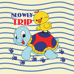 the little chicken climbed on top of the big turtle,design cartoon vector illustration